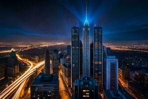 de stad horizon Bij nacht met lichten schijnend Aan het. ai-gegenereerd foto