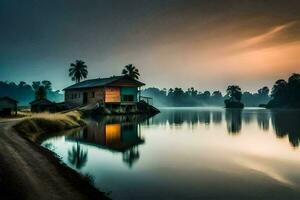 een klein huis zit Aan de kust van een meer Bij zonsopkomst. ai-gegenereerd foto