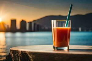 een glas van oranje sap met een rietje Aan een tafel in voorkant van de oceaan. ai-gegenereerd foto