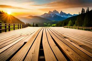 houten loopbrug in de bergen met zon instelling. ai-gegenereerd foto