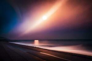 een lang blootstelling fotograaf van de maan over- de oceaan. ai-gegenereerd foto