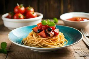 spaghetti met tomaten en basilicum Aan een houten tafel. ai-gegenereerd foto