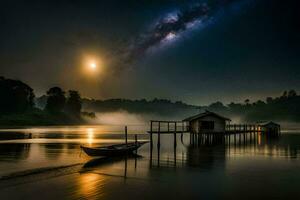 de melkachtig manier over- de water Bij nacht. ai-gegenereerd foto