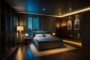 een slaapkamer met donker hout lambrisering en een bed. ai-gegenereerd foto