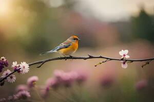 een vogel zit Aan een Afdeling met roze bloemen. ai-gegenereerd foto