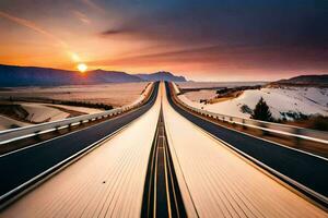 een lang snelweg met de zon instelling in de afstand. ai-gegenereerd foto