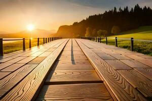 een houten brug over- een veld- Bij zonsondergang. ai-gegenereerd foto