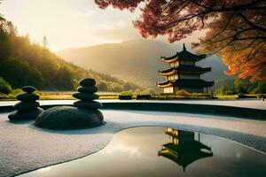 een Japans pagode zit in de midden- van een vijver. ai-gegenereerd foto