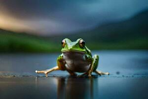 een kikker zittend Aan de grond in de regen. ai-gegenereerd foto