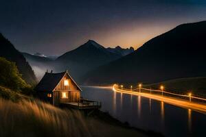 een huis zit Aan de kant van een berg Bij nacht. ai-gegenereerd foto