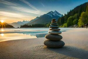 een stack van stenen Aan de strand Bij zonsondergang. ai-gegenereerd foto