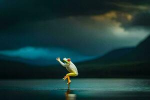 een kikker jumping in de water met een storm in de achtergrond. ai-gegenereerd foto