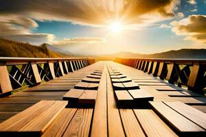 een houten brug met zon schijnend over- het. ai-gegenereerd foto