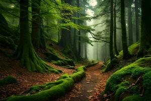 een pad door een groen Woud met bemost bomen. ai-gegenereerd foto