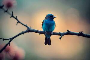 een blauw vogel zit Aan een Afdeling in voorkant van een wazig achtergrond. ai-gegenereerd foto