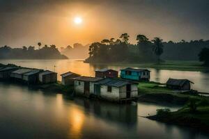 een rivier- met huizen Aan de kust Bij zonsopkomst. ai-gegenereerd foto