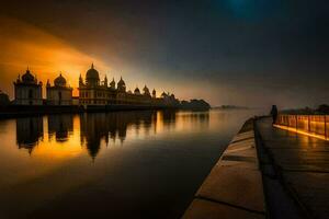 de zon stijgt over- de water in voorkant van een tempel. ai-gegenereerd foto