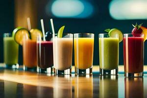 een rij van verschillend gekleurde smoothies Aan een bar. ai-gegenereerd foto