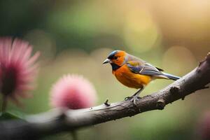 een klein vogel is neergestreken Aan een Afdeling. ai-gegenereerd foto