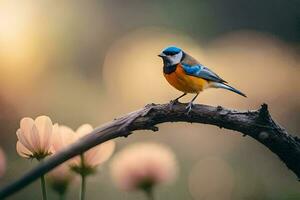 een blauw en oranje vogel zit Aan een Afdeling. ai-gegenereerd foto