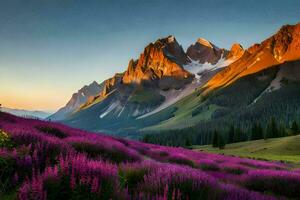 de zon sets over- een berg reeks met Purper bloemen. ai-gegenereerd foto