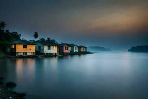 een rij van huizen Aan de kust van een meer. ai-gegenereerd foto