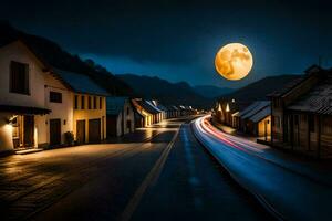 een vol maan is gezien over- een dorp straat Bij nacht. ai-gegenereerd foto