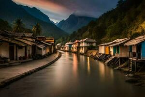 een rivier- loopt door een dorp Bij zonsondergang. ai-gegenereerd foto