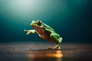 een kikker jumping Aan een houten vloer. ai-gegenereerd foto