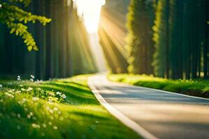 een weg in de midden- van een Woud met zonnestralen schijnend door de bomen. ai-gegenereerd foto
