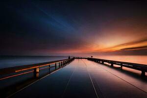 een pier met een lang brug leidend naar de oceaan. ai-gegenereerd foto