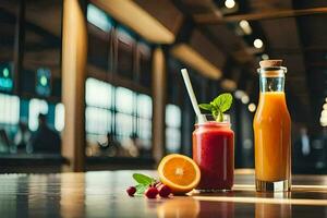 twee flessen van sap en een glas van sap Aan een tafel. ai-gegenereerd foto