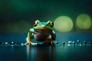 een kikker zittend Aan de grond met water druppels. ai-gegenereerd foto