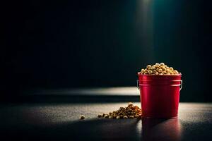 een emmer van popcorn Aan een tafel met een licht achter het. ai-gegenereerd foto