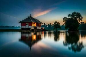 een rood huis zit Aan de rand van een meer Bij zonsondergang. ai-gegenereerd foto