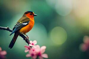 een klein vogel is zittend Aan een Afdeling met roze bloemen. ai-gegenereerd foto