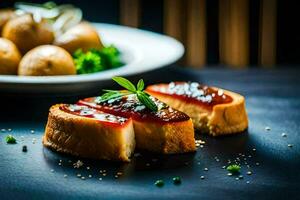 twee plakjes van kaas en een stuk van brood met jam. ai-gegenereerd foto