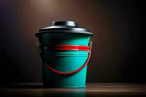 een groen plastic koffie kop met rood handvat. ai-gegenereerd foto