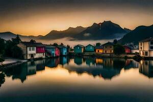 een meer en huizen in de bergen Bij zonsondergang. ai-gegenereerd foto