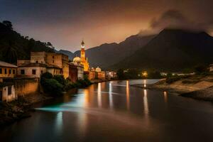 een rivier- in de midden- van een stad- Bij nacht. ai-gegenereerd foto