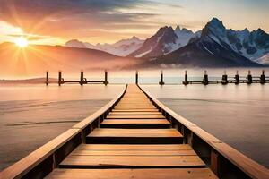 een houten brug Leidt naar de bergen Bij zonsondergang. ai-gegenereerd foto