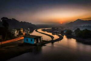 de zon sets over- een rivier- in een dorp. ai-gegenereerd foto