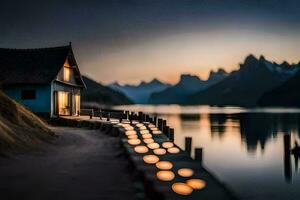 een huis Aan de water met kaarsen verlicht. ai-gegenereerd foto