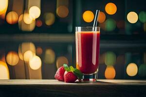 een glas van sap met aardbeien Aan de tafel. ai-gegenereerd foto