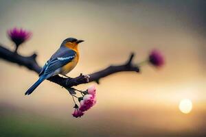 een vogel zit Aan een Afdeling met roze bloemen. ai-gegenereerd foto