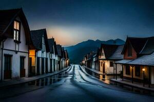 een straat in de regen met huizen en bergen in de achtergrond. ai-gegenereerd foto