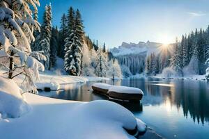 sneeuw gedekt bomen en een rivier- in de winter. ai-gegenereerd foto