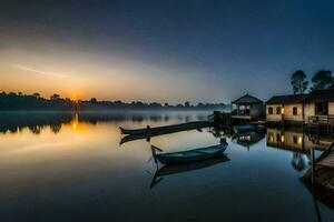 boten zijn aangemeerd Aan de water Bij zonsopkomst. ai-gegenereerd foto