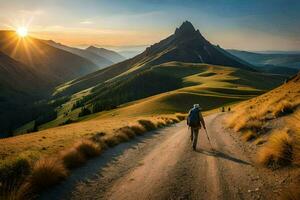 een Mens wandelen Aan een aarde weg in de bergen. ai-gegenereerd foto