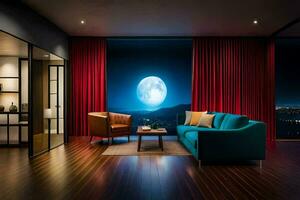 een leven kamer met een vol maan in de achtergrond. ai-gegenereerd foto